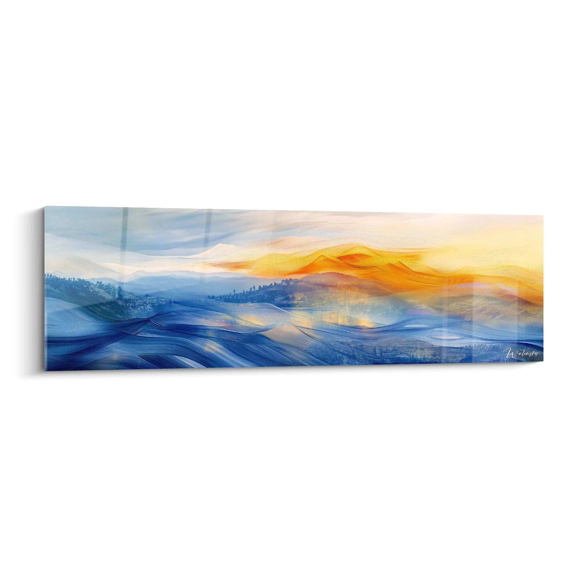 Tableau minimaliste abstrait de paysages en bleu et orange pour décoration moderne par Walensky