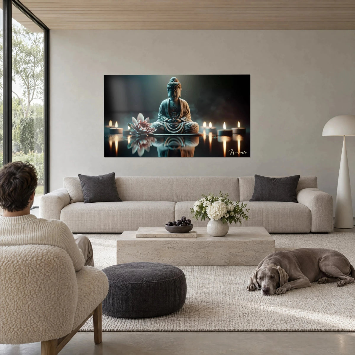 Quadro Buddha di pietra grigia in posizione del loto, fiore di loto rosa e candele ambrate, sopra un divano in un soggiorno luminoso
