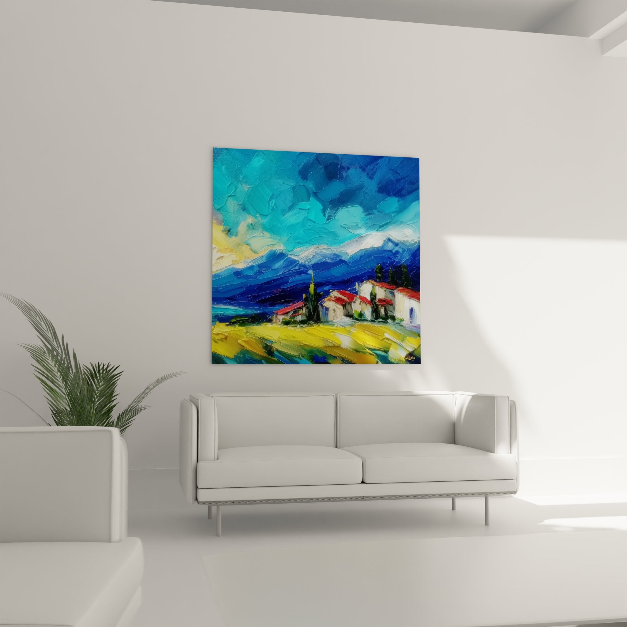 Gros plan texture peinture tableau méditerranéen détails toits rouges maisons blanches technique artistique