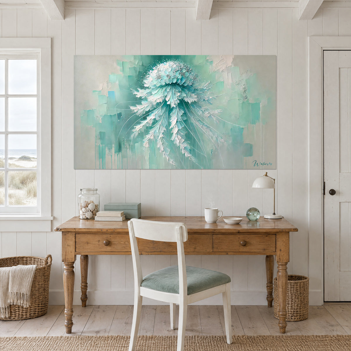 Wall art embossed jellyfish in mint green and off-white, background with aqua drips, above a light wood desk and chair
