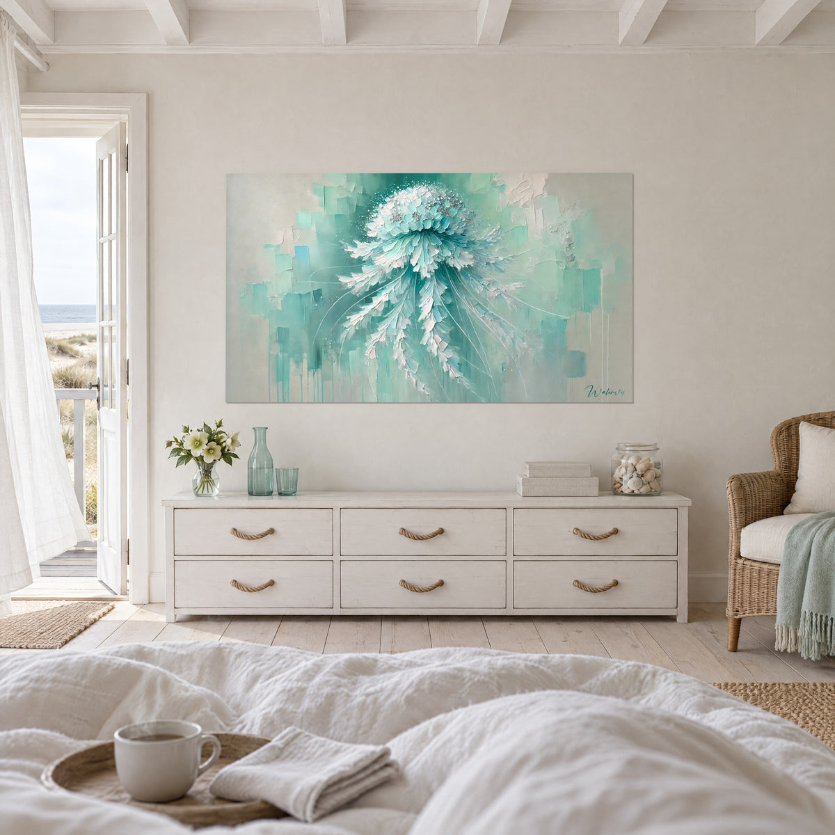 Wall art sea creature in spatula work, sea green and white, fine filaments, facing a person seen from behind above a bed in a light bedroom