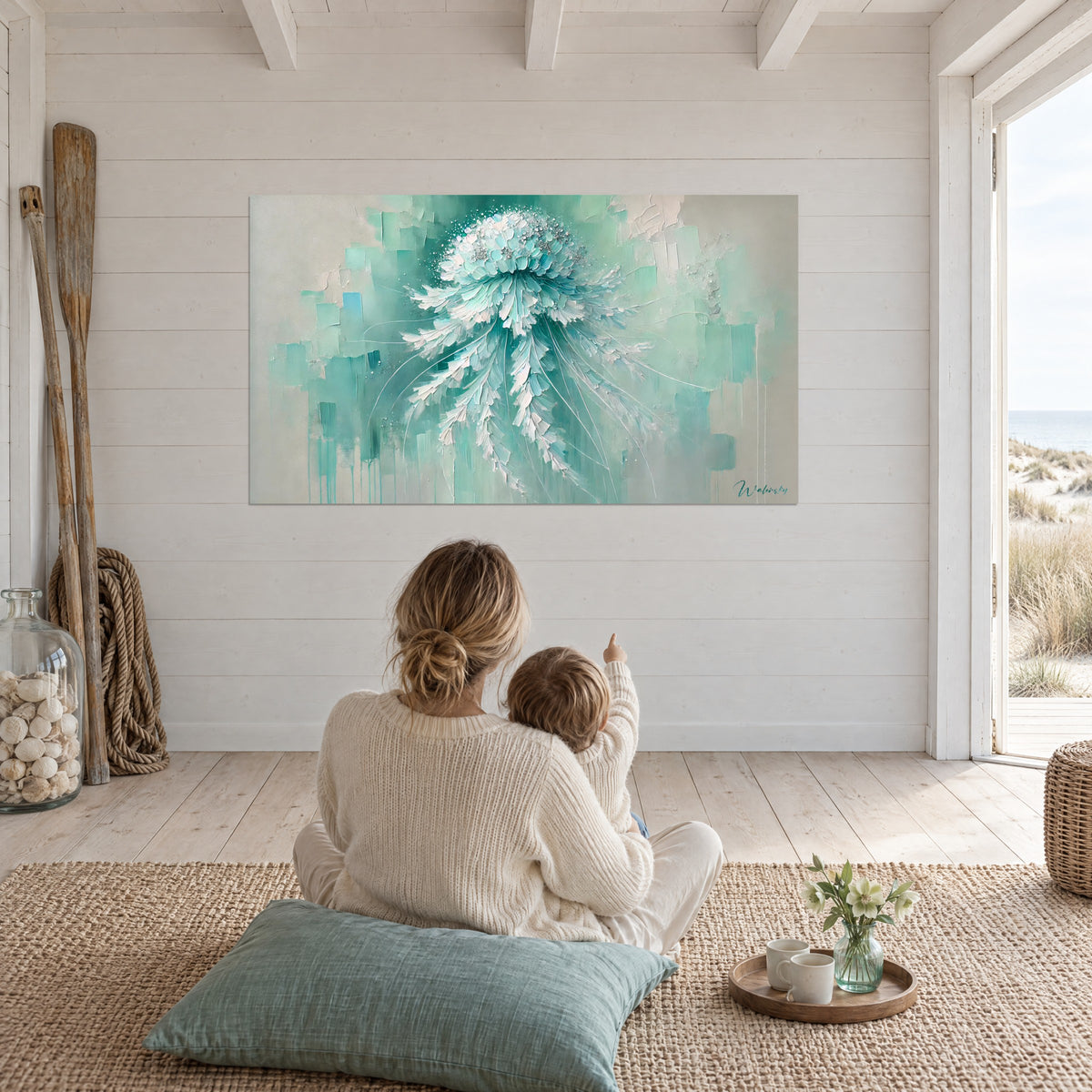 Wall art jellyfish with feathery fringes in turquoise and ivory, mother and child seated from behind on a green cushion, wall of white slats