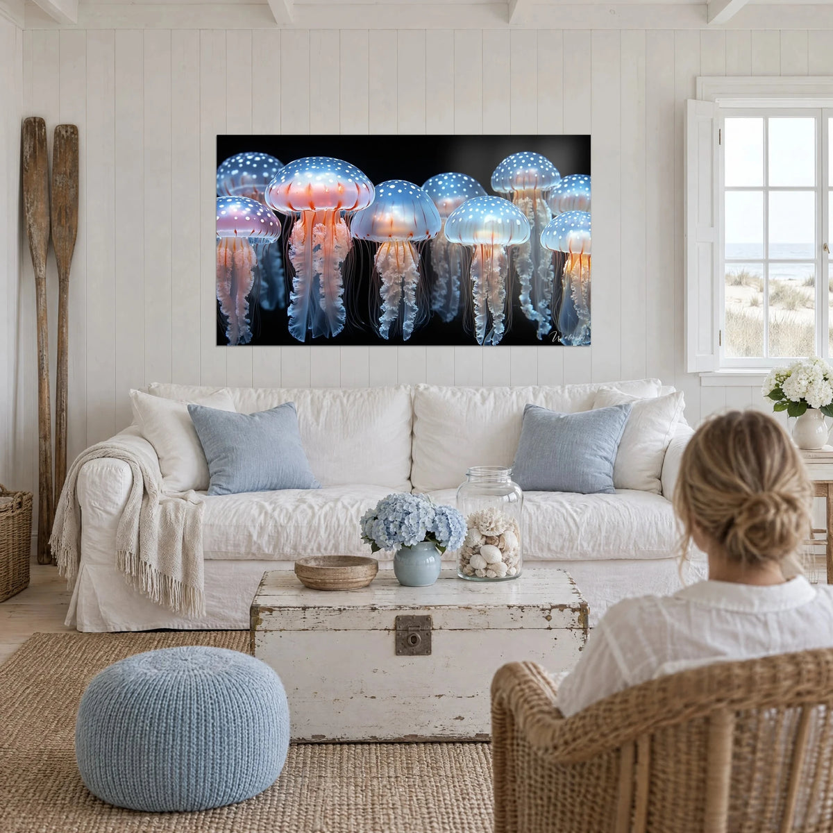 Quadro con ombrelle di meduse azzurrine punteggiate di bianco, tentacoli arancioni, sfondo nero, sopra un divano in un soggiorno luminoso