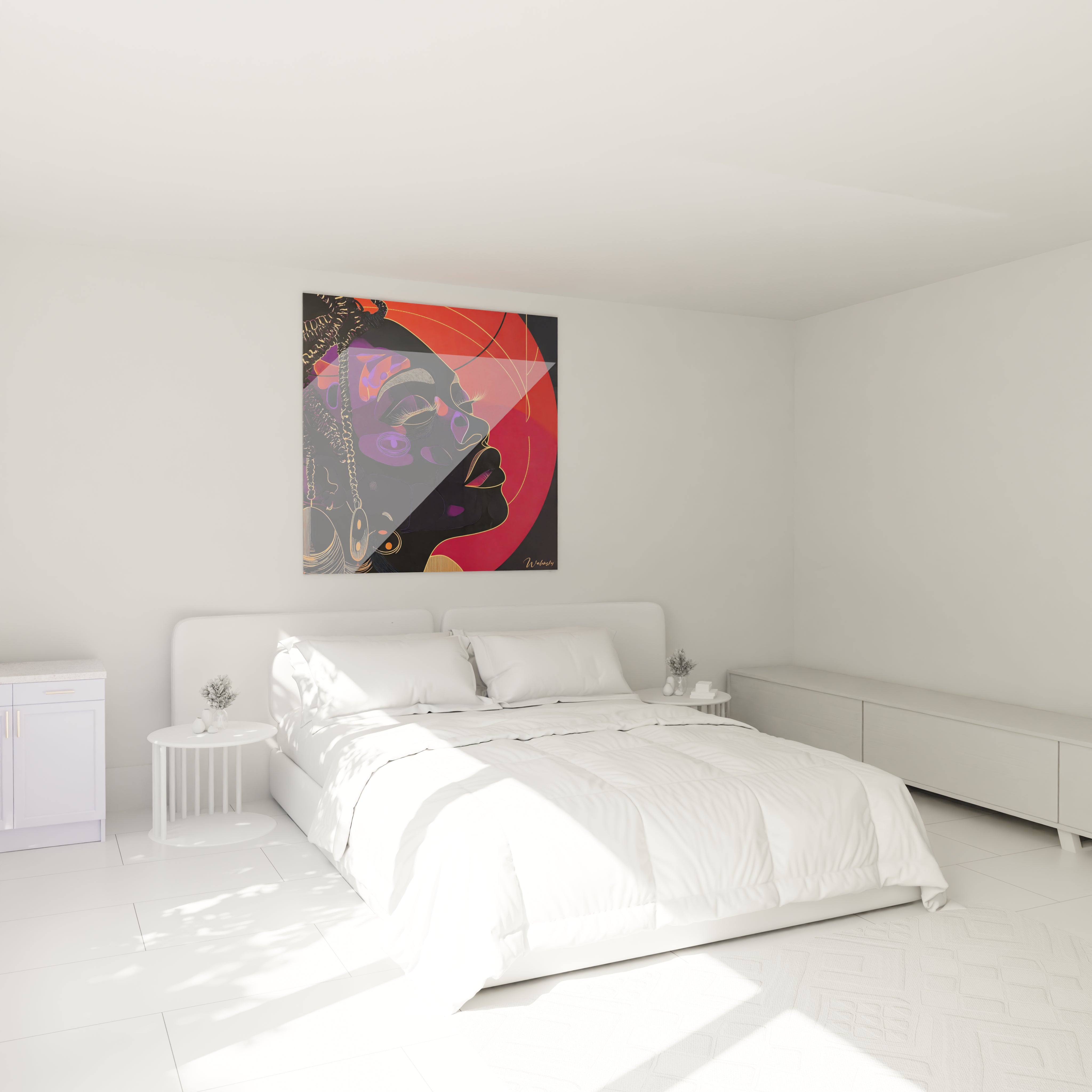 Tableau africain mural Walensky avec motif artistique de méduses bleues dans une chambre moderne