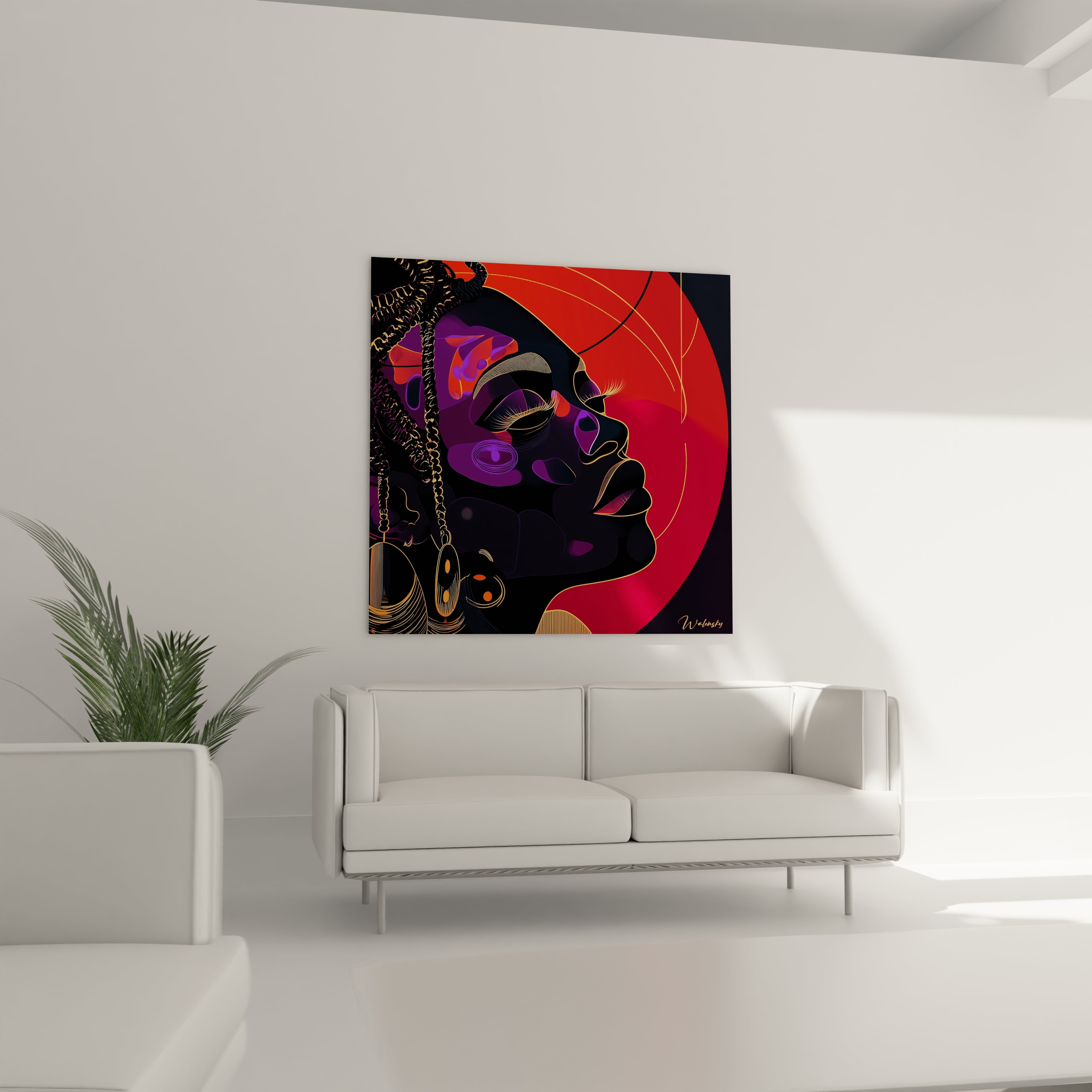 Tableau africain mural Walensky représentant des méduses bleues dans un salon moderne lumineux