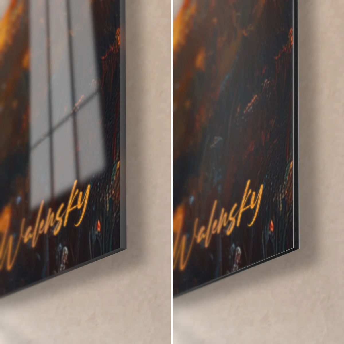 Wall art blazing dolmen, lower right corner in glossy acrylic glass and matte black Dibond aluminium, 3 mm edge and golden signature