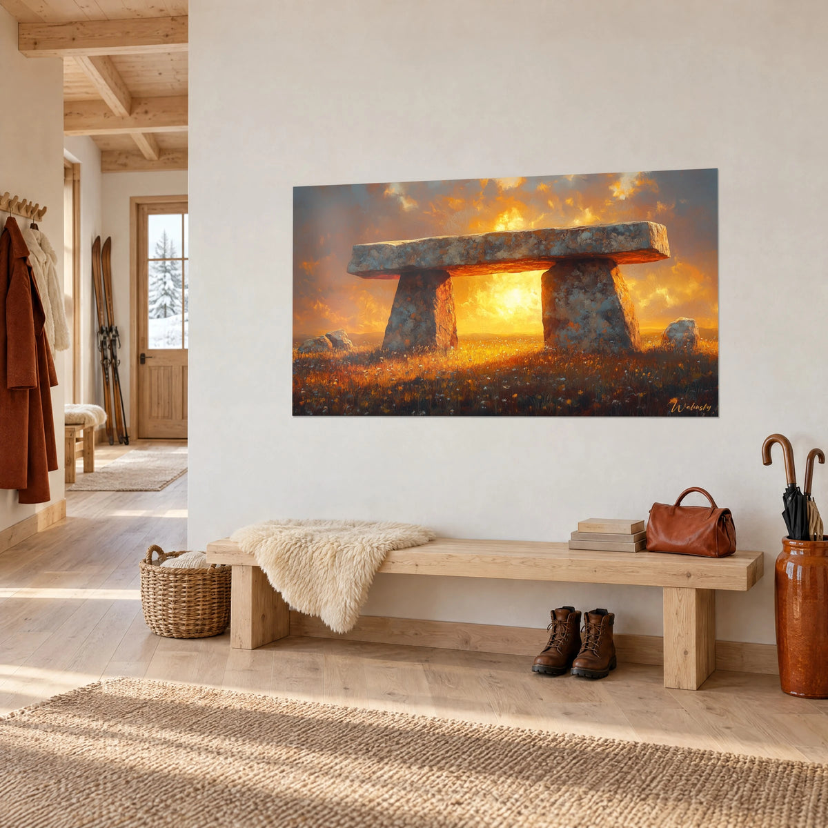 Wall art megalithic stone table, golden sun filtering between two pillars, orange sky, above an entrance bench