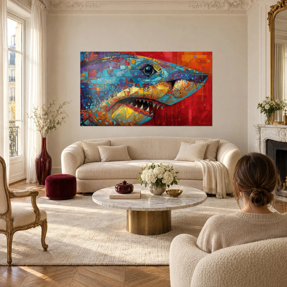 Wall art mosaic shark with turquoise blue and saffron yellow scales, bright red background, above a sofa in a bright living room