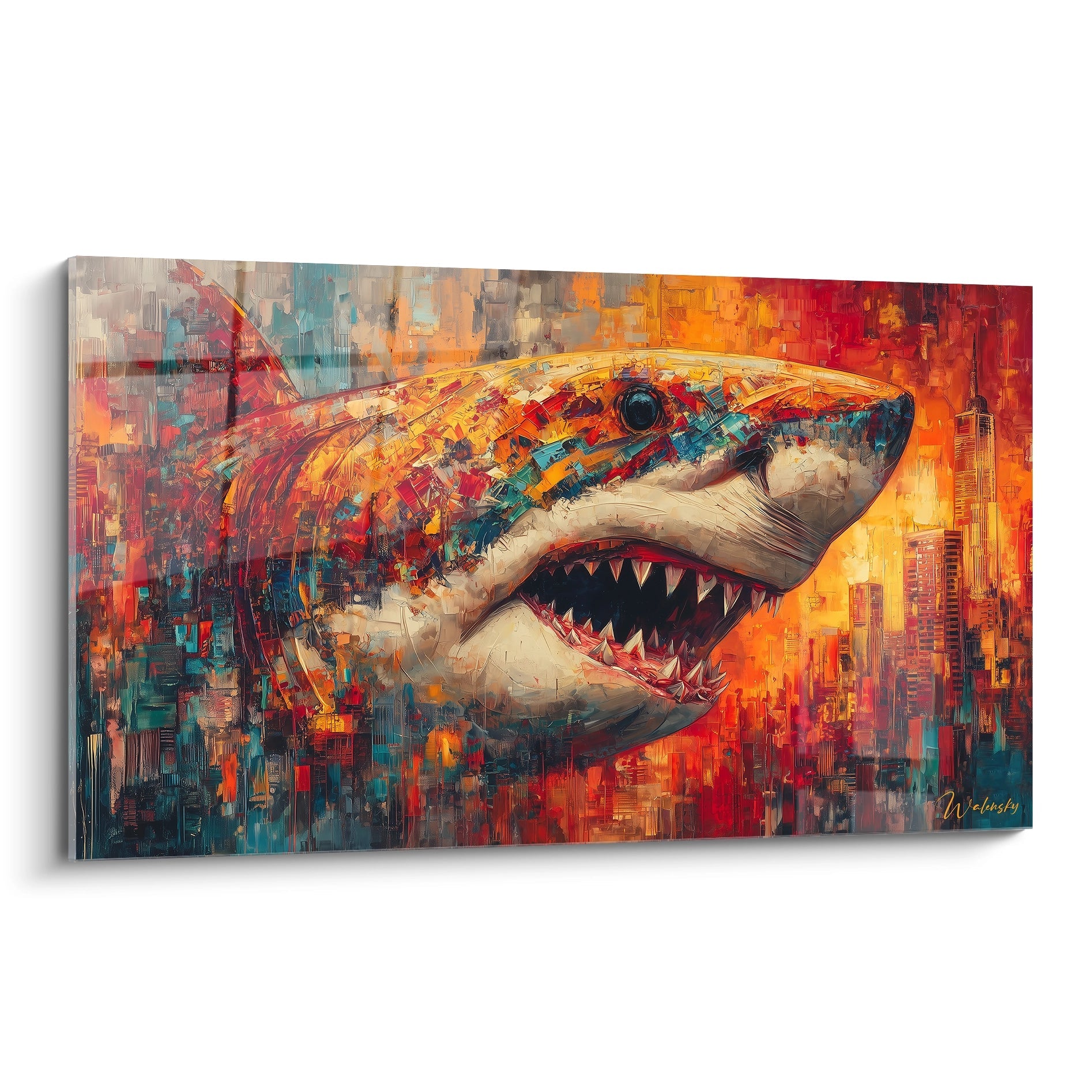 Tableau mural mégalodon coloré style moderne art contemporain requin géant