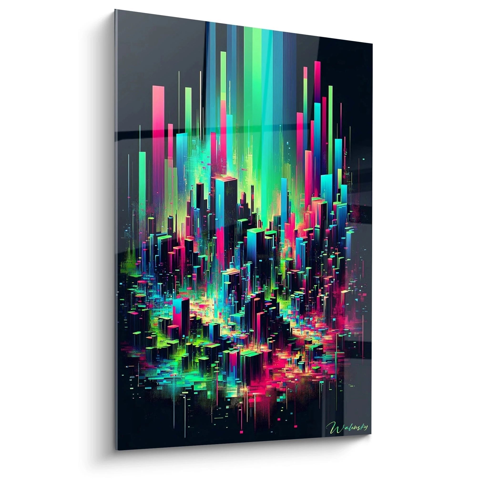 Un tableau abstrait de structures verticales géométriques évoquant une ville futuriste. Dominé par des teintes vert fluo, cyan électrique, rose magenta et bleu profond sur fond noir. La texture présente des formes rectangulaires empilées de différentes hauteurs et largeurs, créant un effet tridimensionnel avec des éléments lumineux qui irradient vers le haut.
