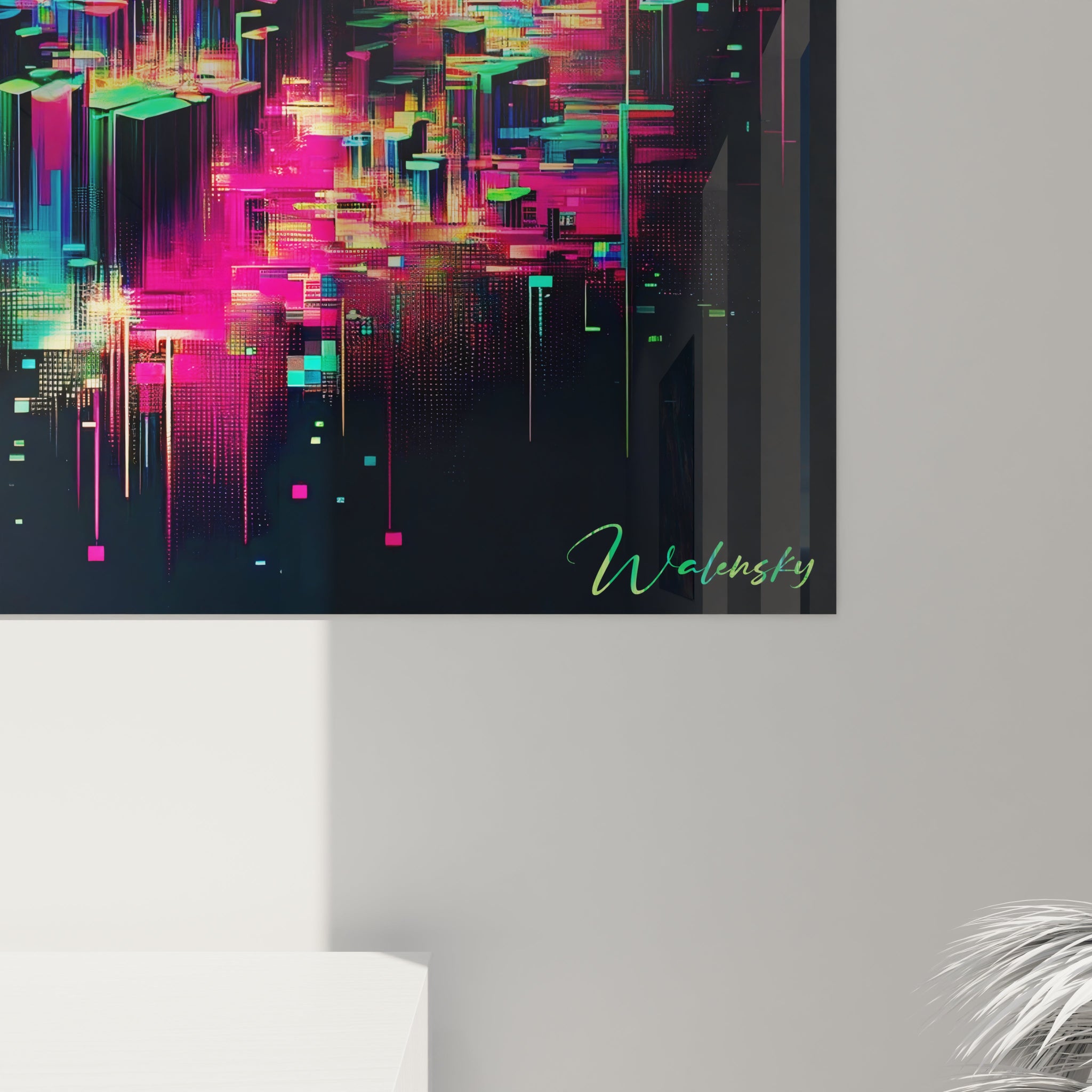 Un tableau abstrait de métropole digitale stylisée. Utilise une palette vibrante de vert acide, bleu turquoise, rose fuchsia et noir profond. La texture présente des colonnes lumineuses de différentes tailles qui s'élèvent et se superposent, avec des effets de transparence et de pixellisation, créant une composition verticale dynamique aux allures de visualisation de données en 3D.

