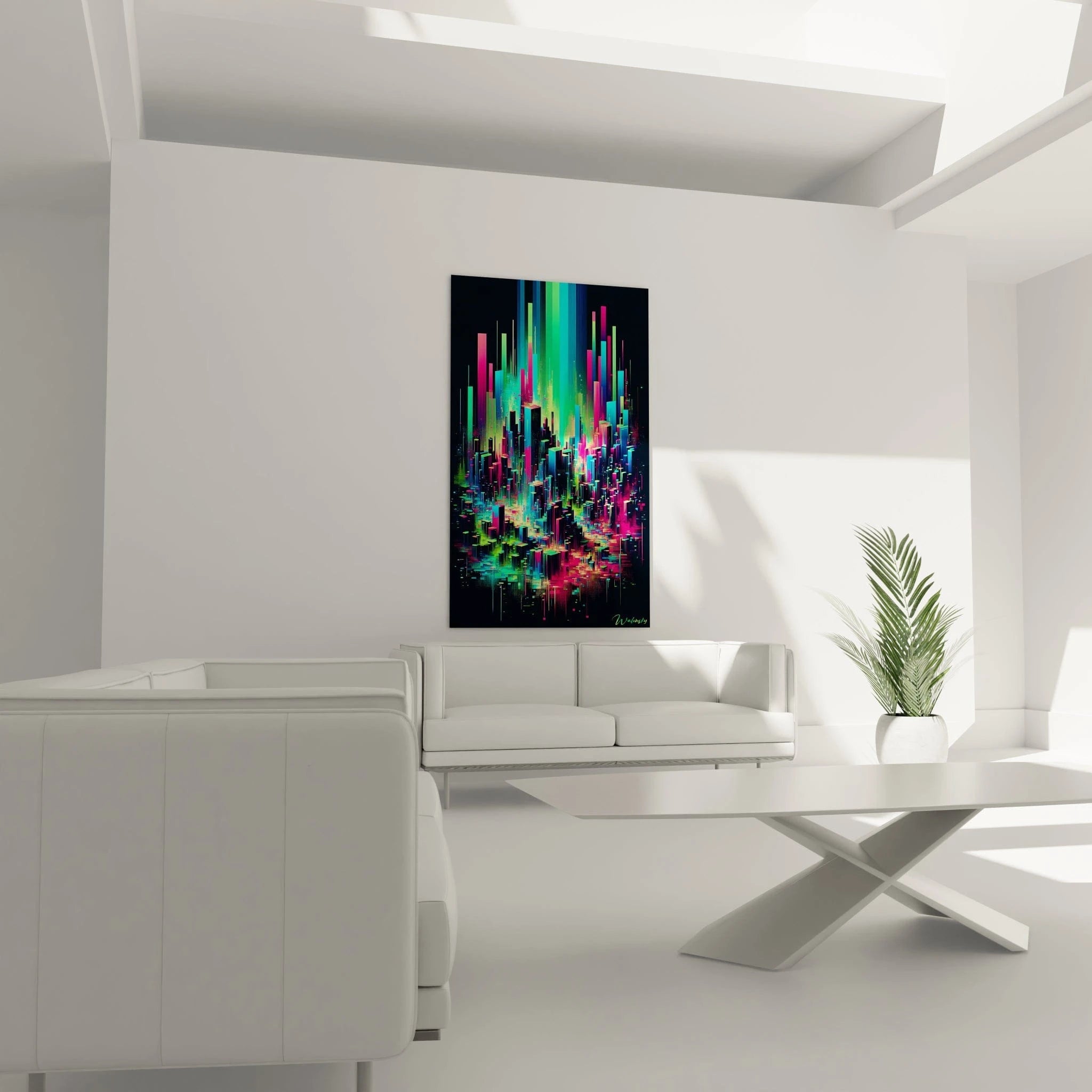 Un tableau abstrait de paysage urbain néon sur fond sombre. La palette associe vert citron, turquoise, fuchsia et indigo. Les textures montrent des barres verticales de différentes dimensions qui se chevauchent, avec un effet de profondeur et de perspective, émettant une luminosité intense qui se reflète et s'estompe graduellement.
