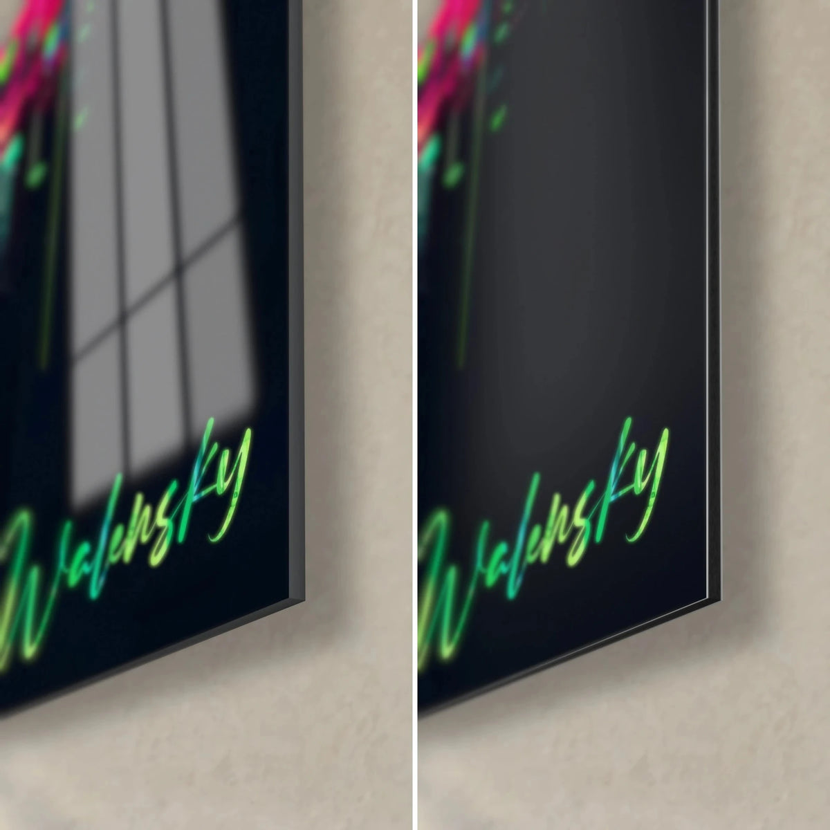 Gemälde pixelige Stadt mit Neon-Türmen, unten rechts die grüne Signatur Walensky, glänzendes Glas links, mattes Dibond rechts