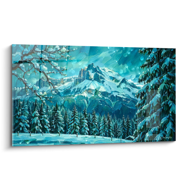 Tableau Montagne enneigée bleue et turquoise givrée - Aube glacée - Edition Megève Auvergne-Rhône-Alpes France