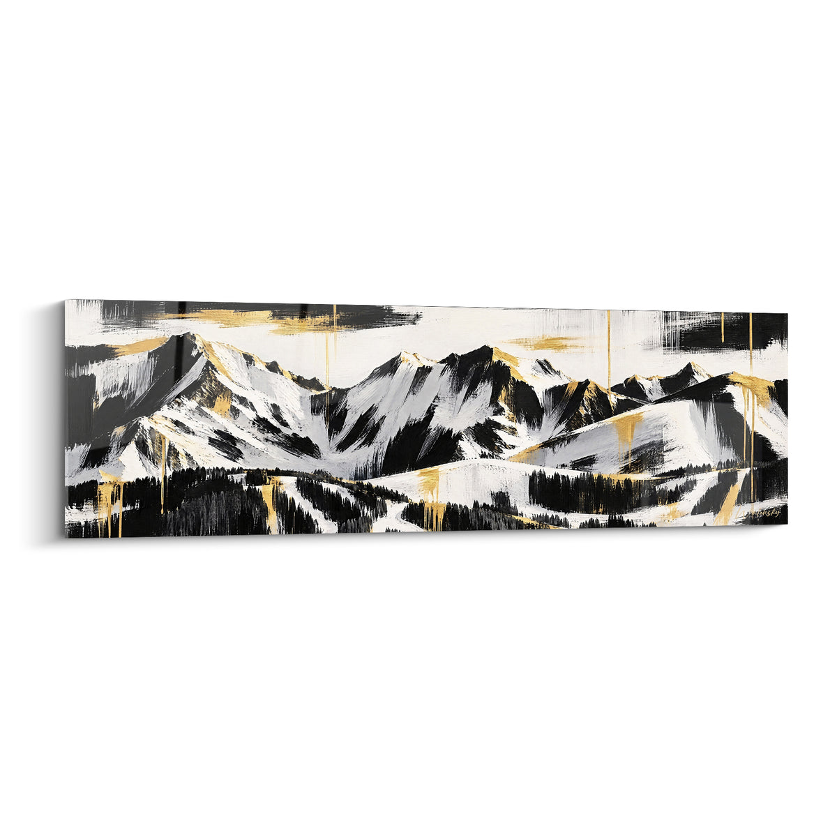 Tableau massif montagneux peint en noir, blanc et doré, sommets enneigés et forêt de résineux stylisée
