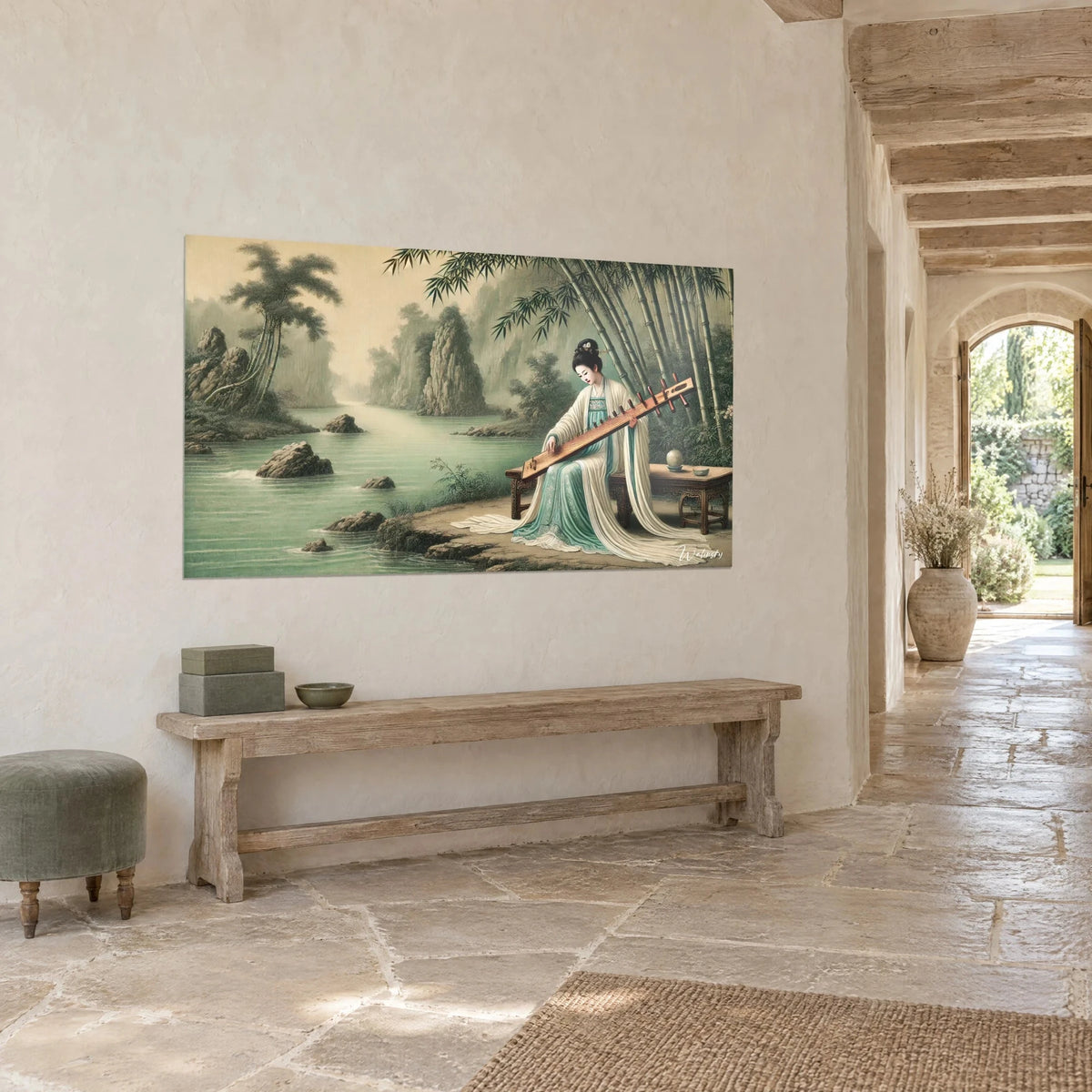 Wall art of a Chinese musician seated near a misty river, pale turquoise dress, grey rocks, in an entrance hall of light stone