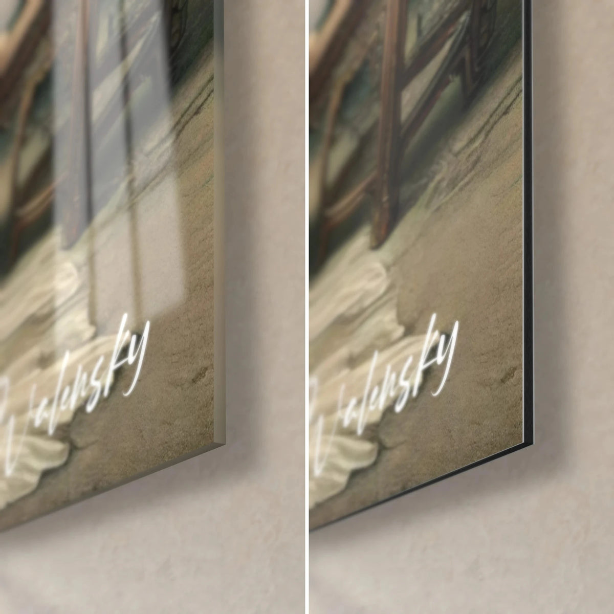 Wall art of a musician in a jade and cream dress, bottom right corner: glossy acrylic glass on the left, matte black Dibond on the right, 3 mm edge