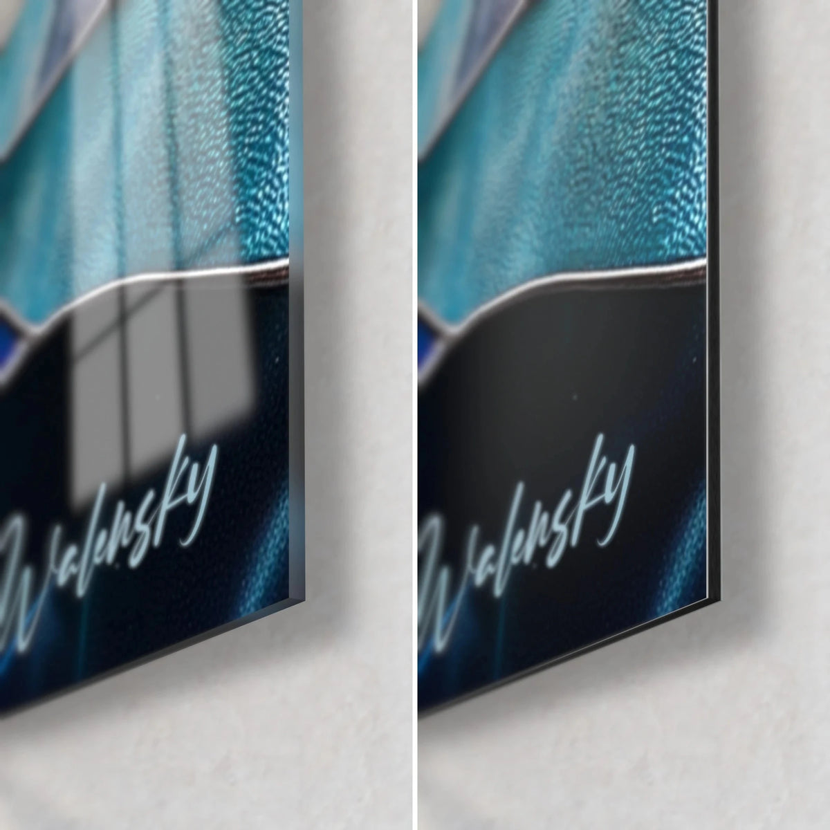 Glasmalerei-Gemälde mit Meeresmotiv, untere rechte Ecke: glänzendes Glas und mattes Dibond-Aluminium, 3 mm Stärke, weiße Walensky-Signatur