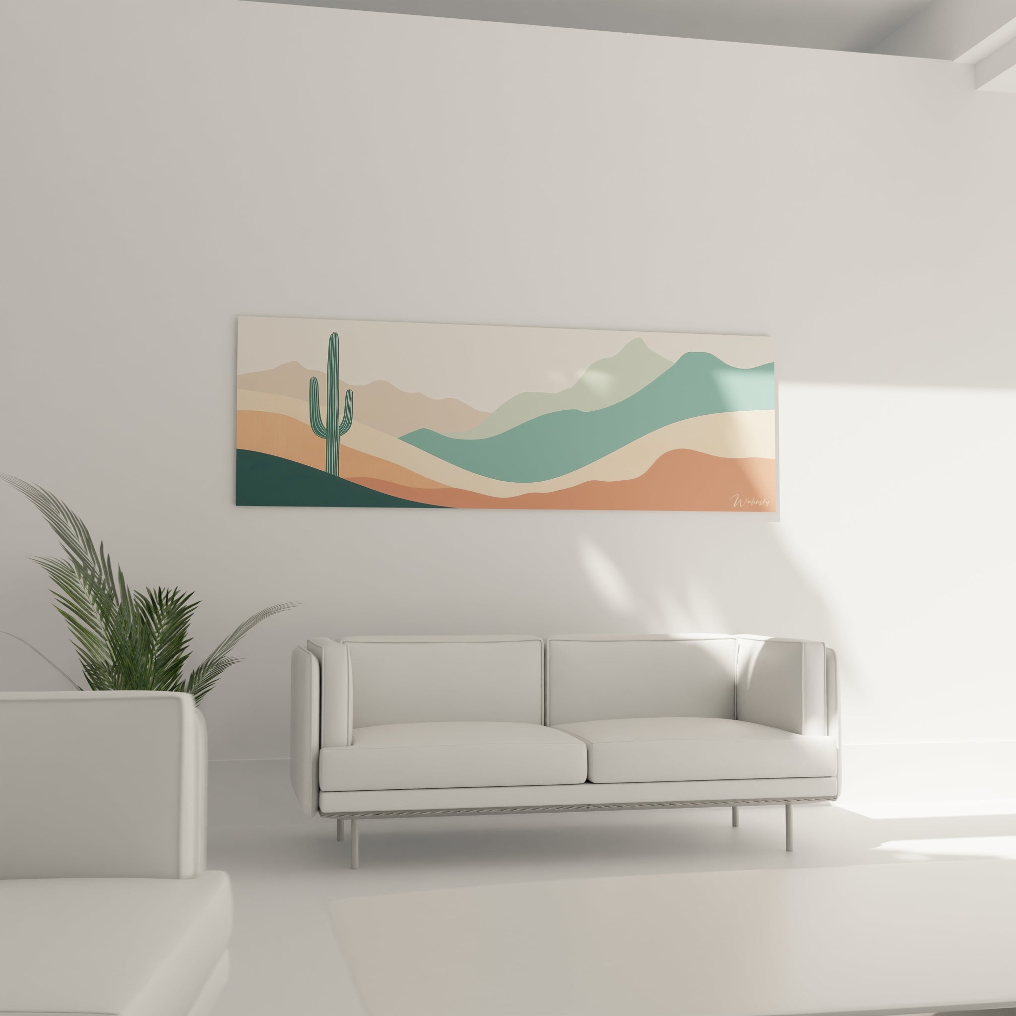 Un tableau désertique contemporain où un cactus saguaro se dresse majestueusement contre un horizon de montagnes stylisées, utilisant une palette restreinte de verts, turquoises, beiges et terracottas pour créer un effet de profondeur atmosphérique et une ambiance minimaliste apaisante.
