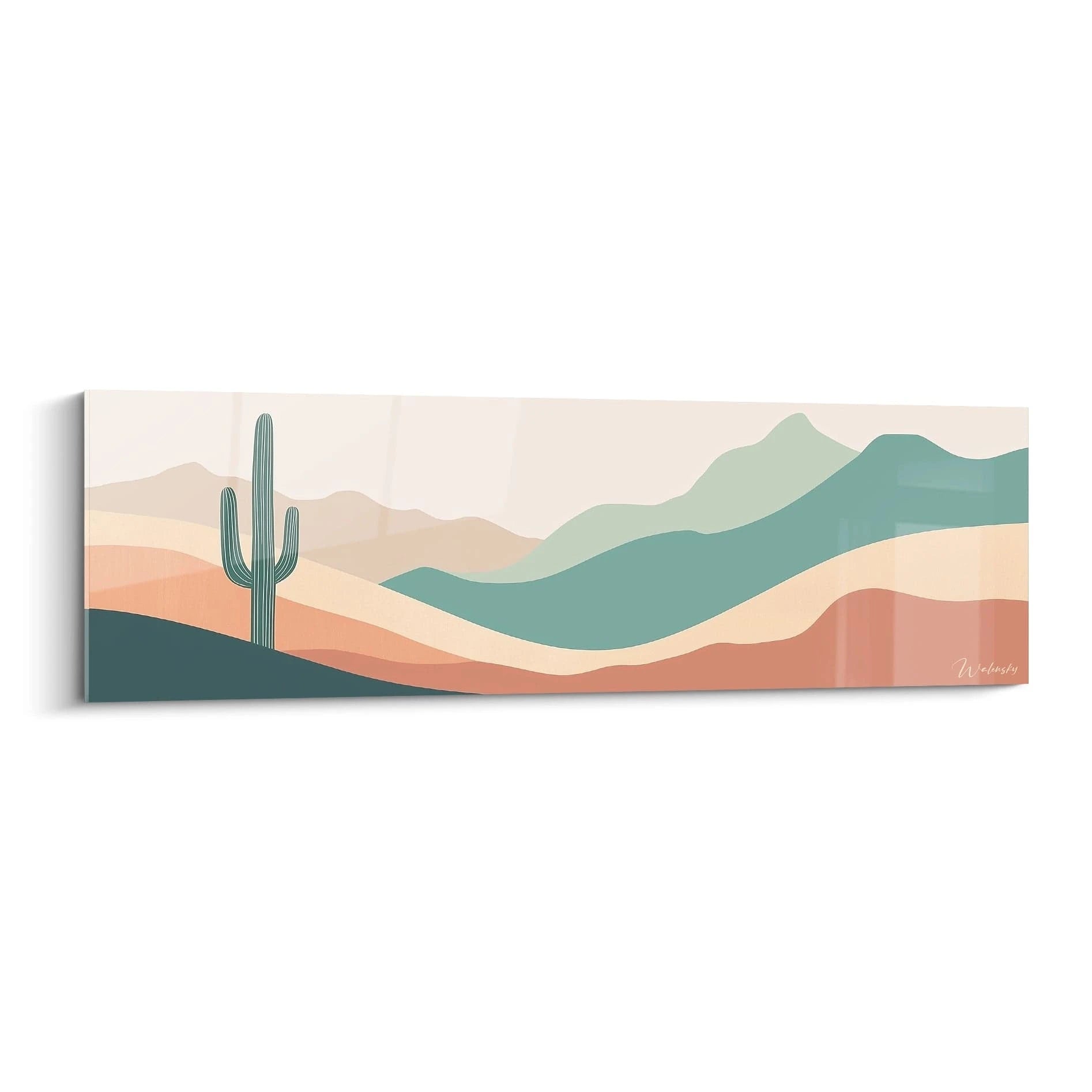 Un tableau désertique minimaliste présentant un cactus saguaro comme élément central, entouré de montagnes ondulantes aux teintes turquoise et de dunes en dégradés de beige et terracotta, créant une composition géométrique épurée avec des strates de couleurs harmonieuses.
