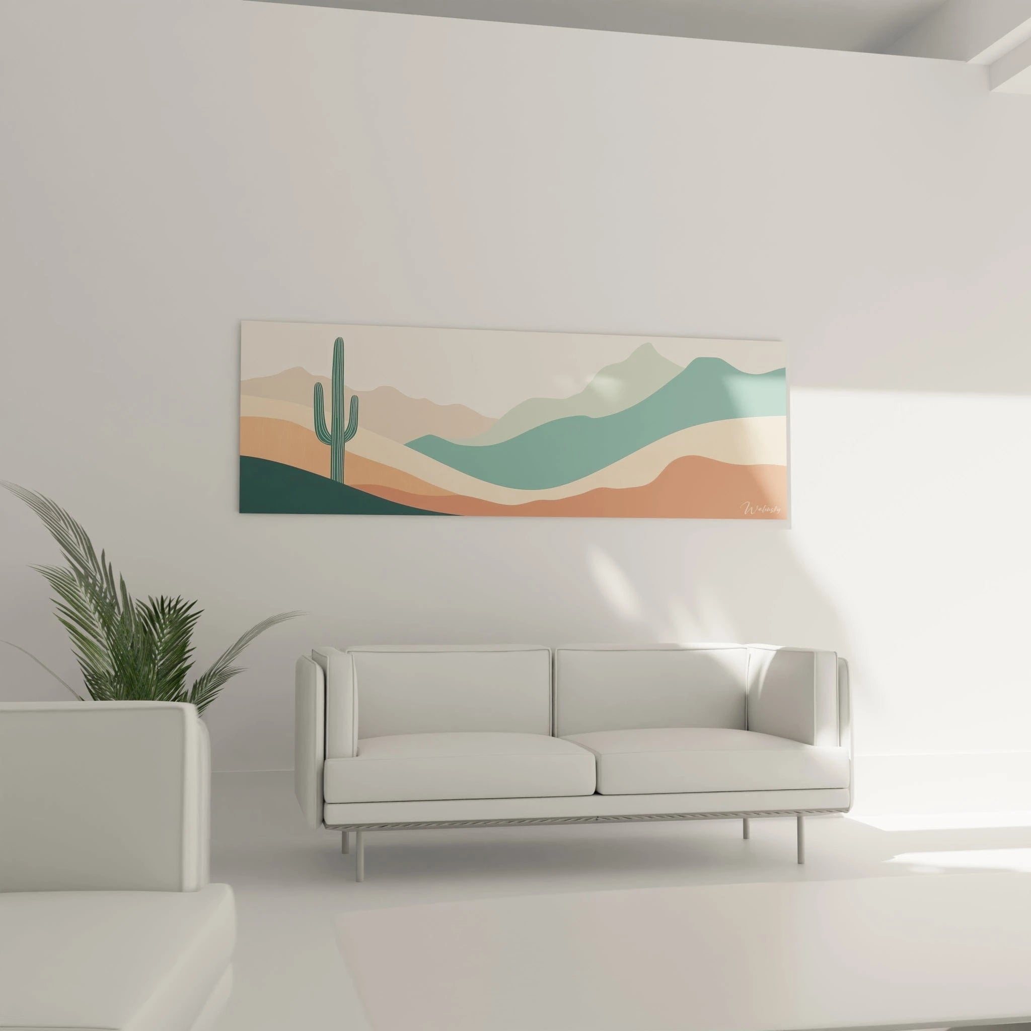 Un tableau désertique contemporain où un cactus saguaro se dresse majestueusement contre un horizon de montagnes stylisées, utilisant une palette restreinte de verts, turquoises, beiges et terracottas pour créer un effet de profondeur atmosphérique et une ambiance minimaliste apaisante.
