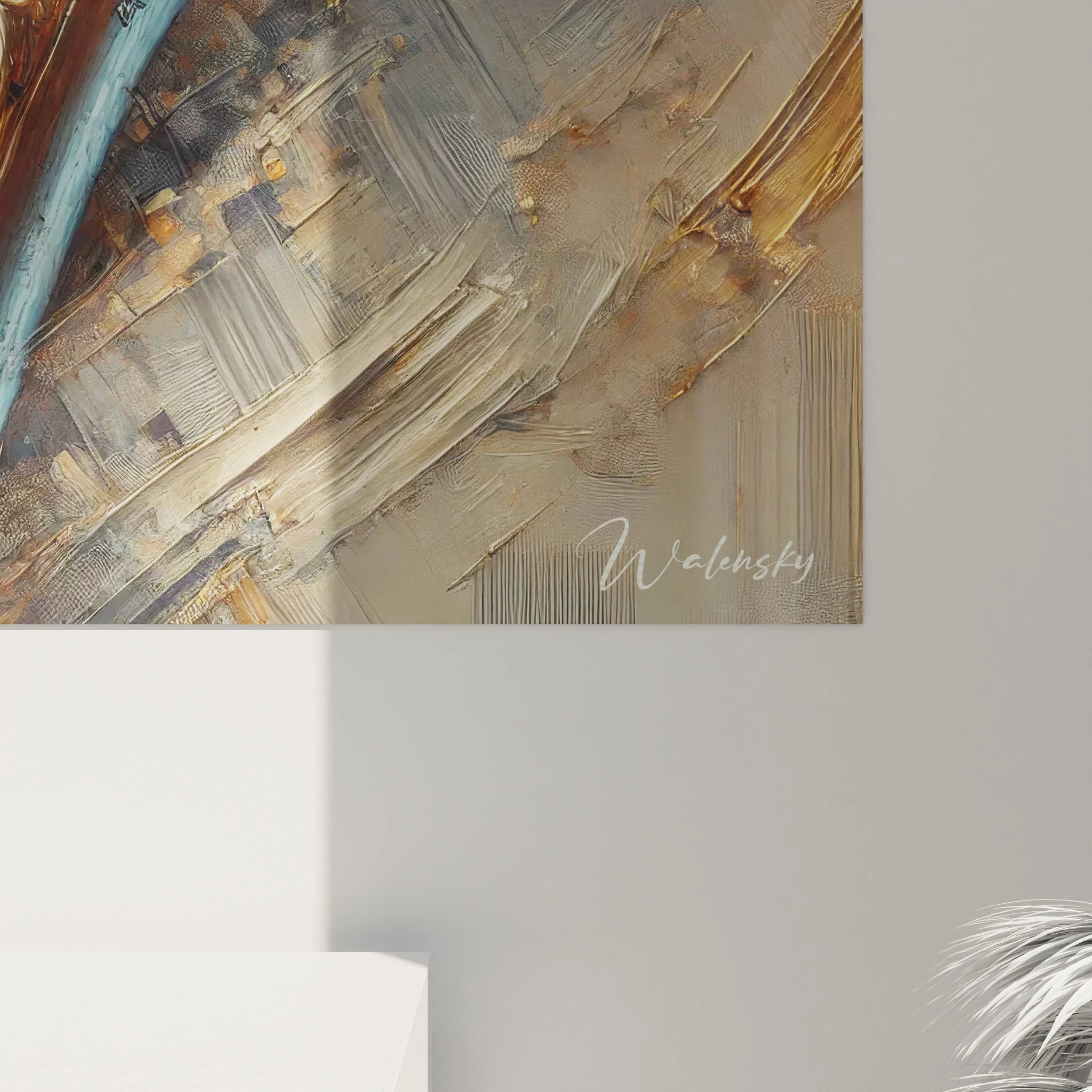 Gros plan sur les détails du saxophone doré, ses reflets métalliques et textures réalistes. Les coups de pinceau abstraits rappellent le mouvement de la musique, ajoutant profondeur et dynamisme.

