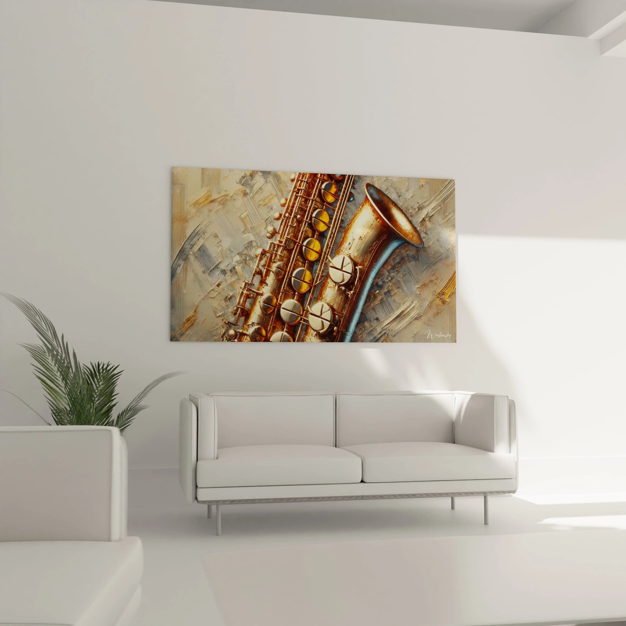 Dans le salon, ce tableau de saxophone doré sur fond abstrait ajoute une touche artistique. Les tons neutres s'harmonisent avec la décoration, créant un espace raffiné et inspiré par la musique.

