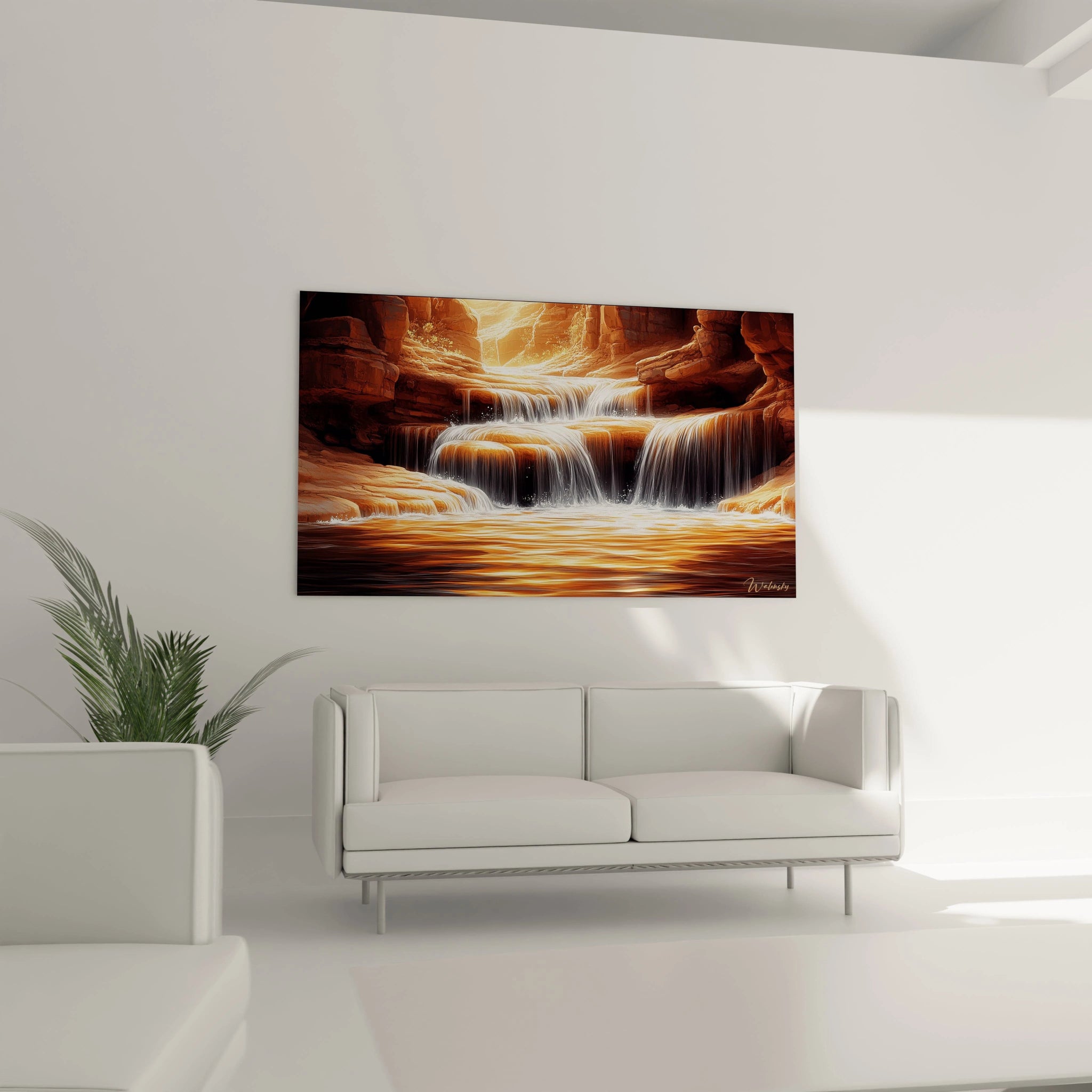 Un tableau naturaliste d'une chute d'eau dans un canyon aux teintes orangées et terracotta, où l'eau cristalline se déverse en plusieurs niveaux, capturant l'effet de mouvement perpétuel et les éclaboussures blanches sur les roches sculptées.
