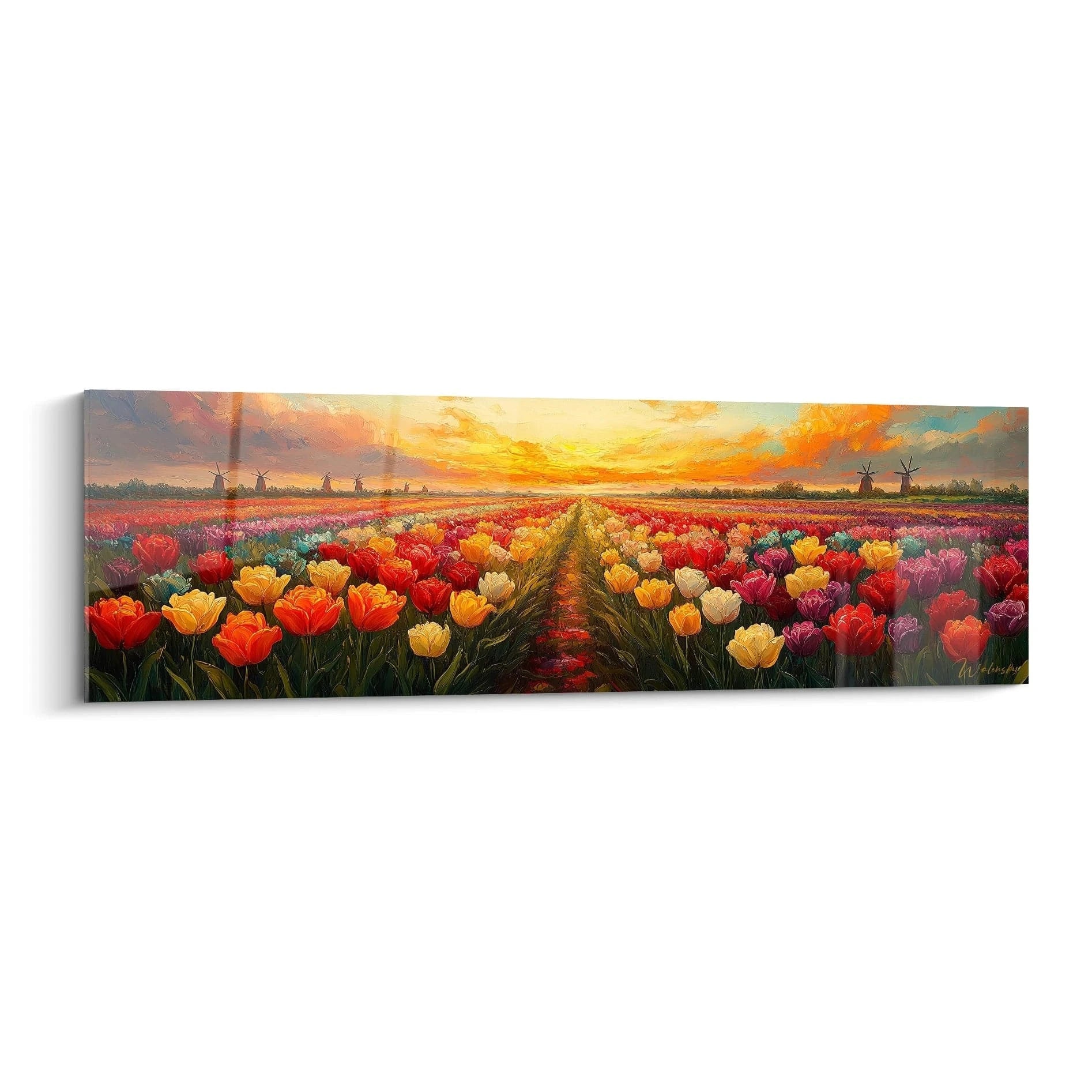 Tableau tulipes présentant un vaste champ fleuri aux couleurs vives, sous un ciel orangé de coucher de soleil. Les rangées de tulipes rouges, jaunes, roses et violettes s'alignent en perspective vers l'horizon où se découpent des silhouettes de moulins à vent.
