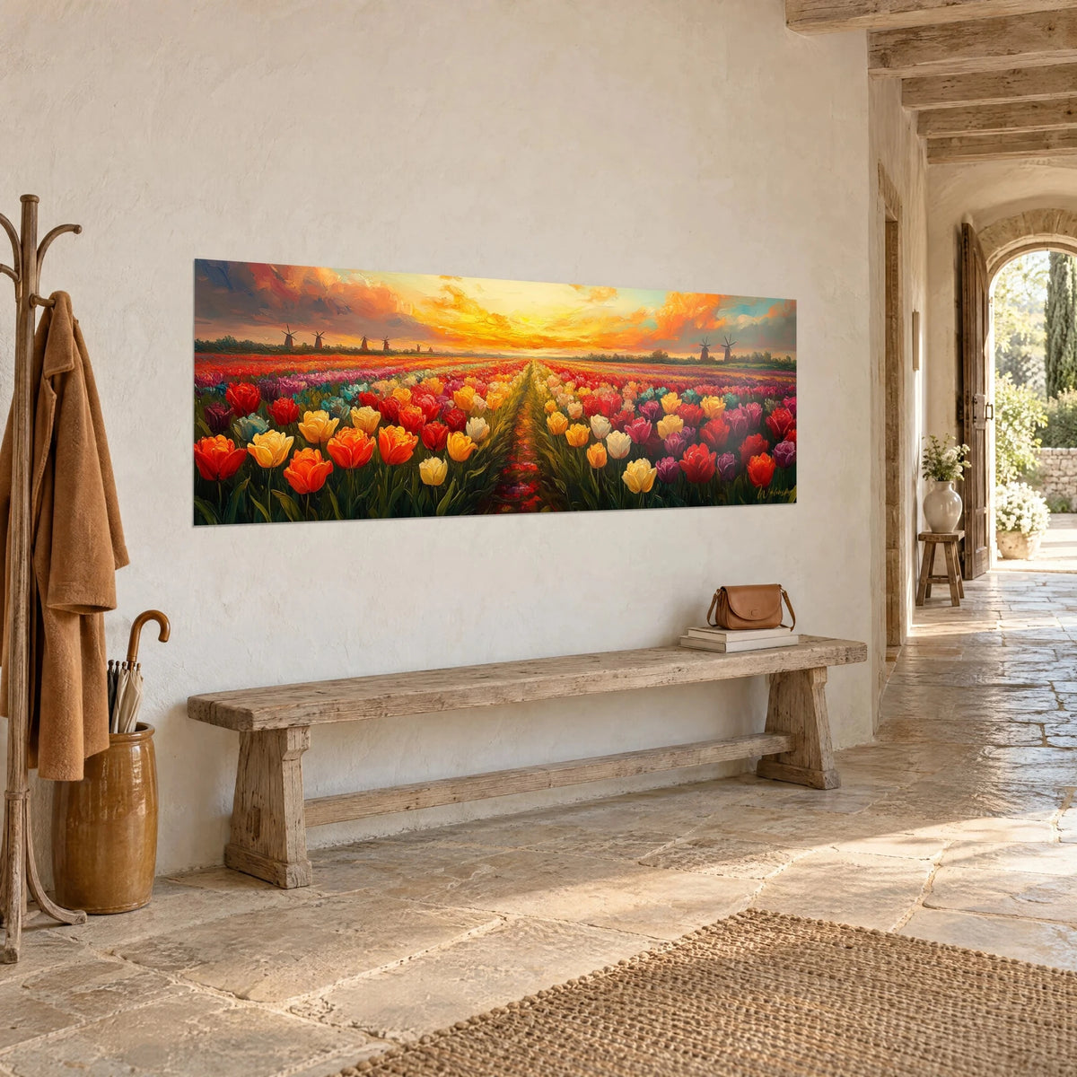 Wall art avenue of vermilion and ochre flowers leading to a golden sunset, antique wooden bench, pale stone corridor