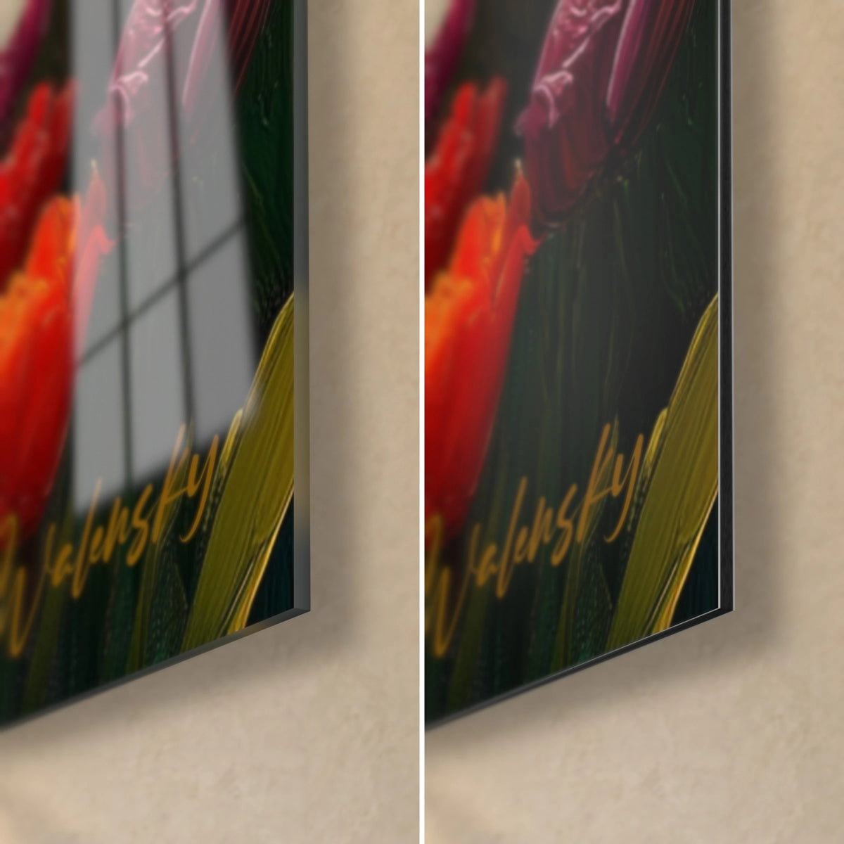 Gemälde Orangefarbene und purpurne Tulpen, untere rechte Ecke aus glänzendem Glas links, matt gebürstetes Alu-Dibond rechts, 3 mm Stärke
