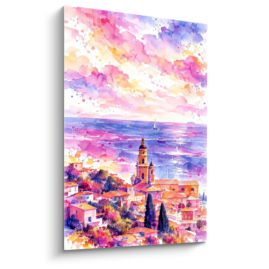 Tableau Clocher rose et mer violette - Rêverie côtière - Edition Menton Provence-Alpes-Côte d'Azur France