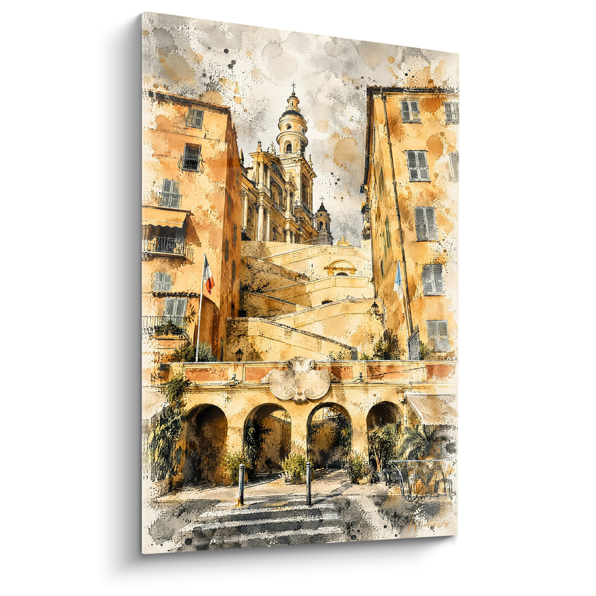 Basilique ocre de Menton aux escaliers dorés, façades terracotta et ciel gris en aquarelle