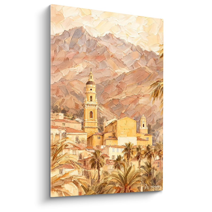 Tableau Clocher ocre et montagnes roses - Lumière du couchant - Edition Menton Provence-Alpes-Côte d'Azur France