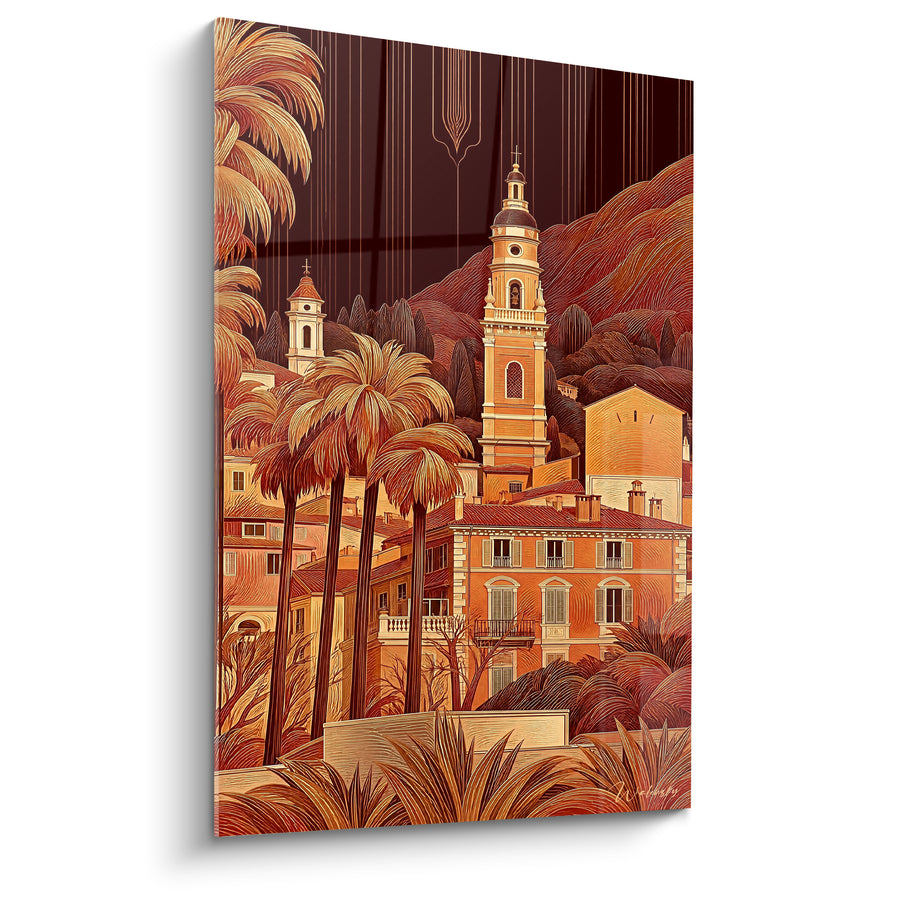 Gemälde Glockenturm in Ocker und goldenen Palmen auf dem Hügel - Abend auf dem Hügel - Edition Menton Provence-Alpes-Côte d'Azur Frankreich