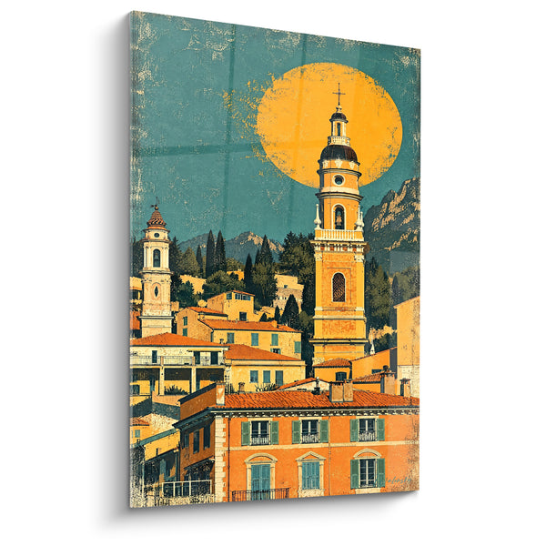 Tableau Clocher ocre et soleil jaune géant sur colline - Croix au sommet - Edition Menton Provence-Alpes-Côte d'Azur France