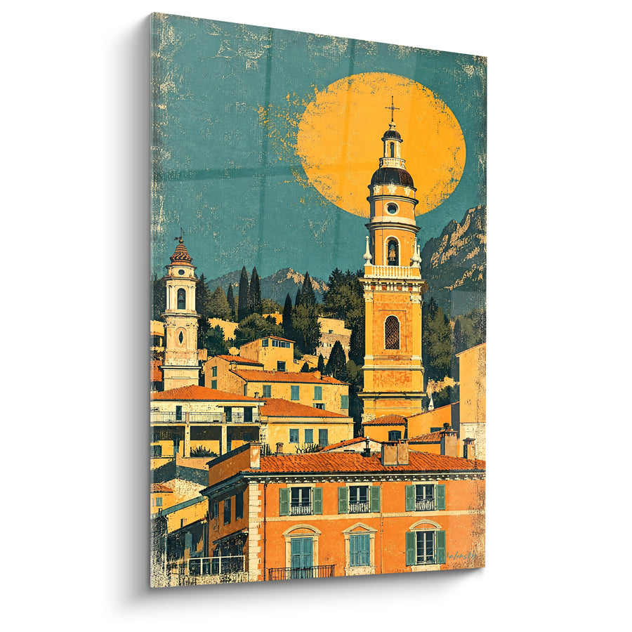 Gemälde Glockenturm in Ockertönen und riesige gelbe Sonne über dem Hügel - Kreuz auf dem Gipfel - Edition Menton Provence-Alpes-Côte d'Azur Frankreich