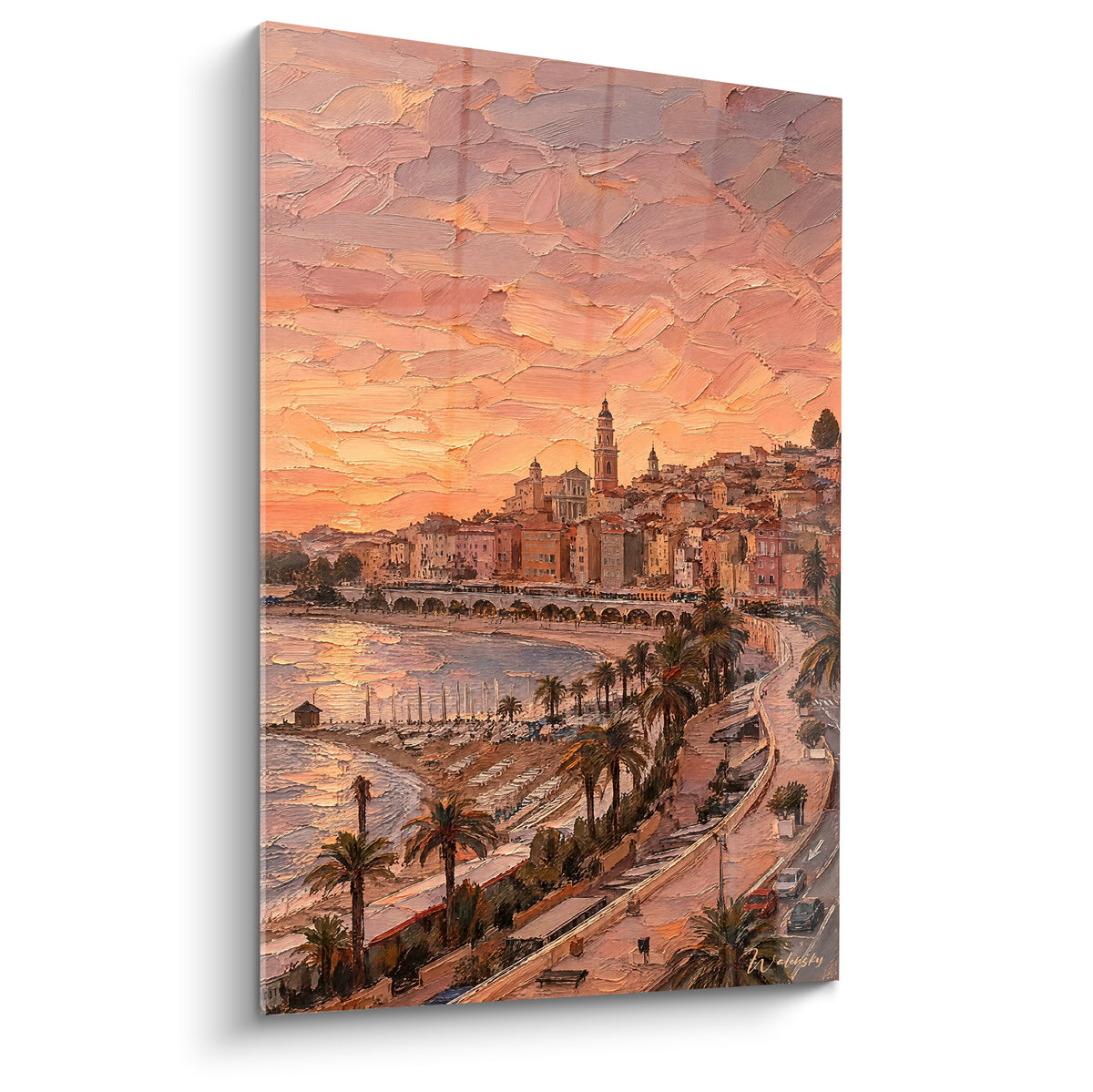 Cuadro Menton al atardecer pintado en rosa coral y ocre, casco antiguo y palmeras junto a la bahía