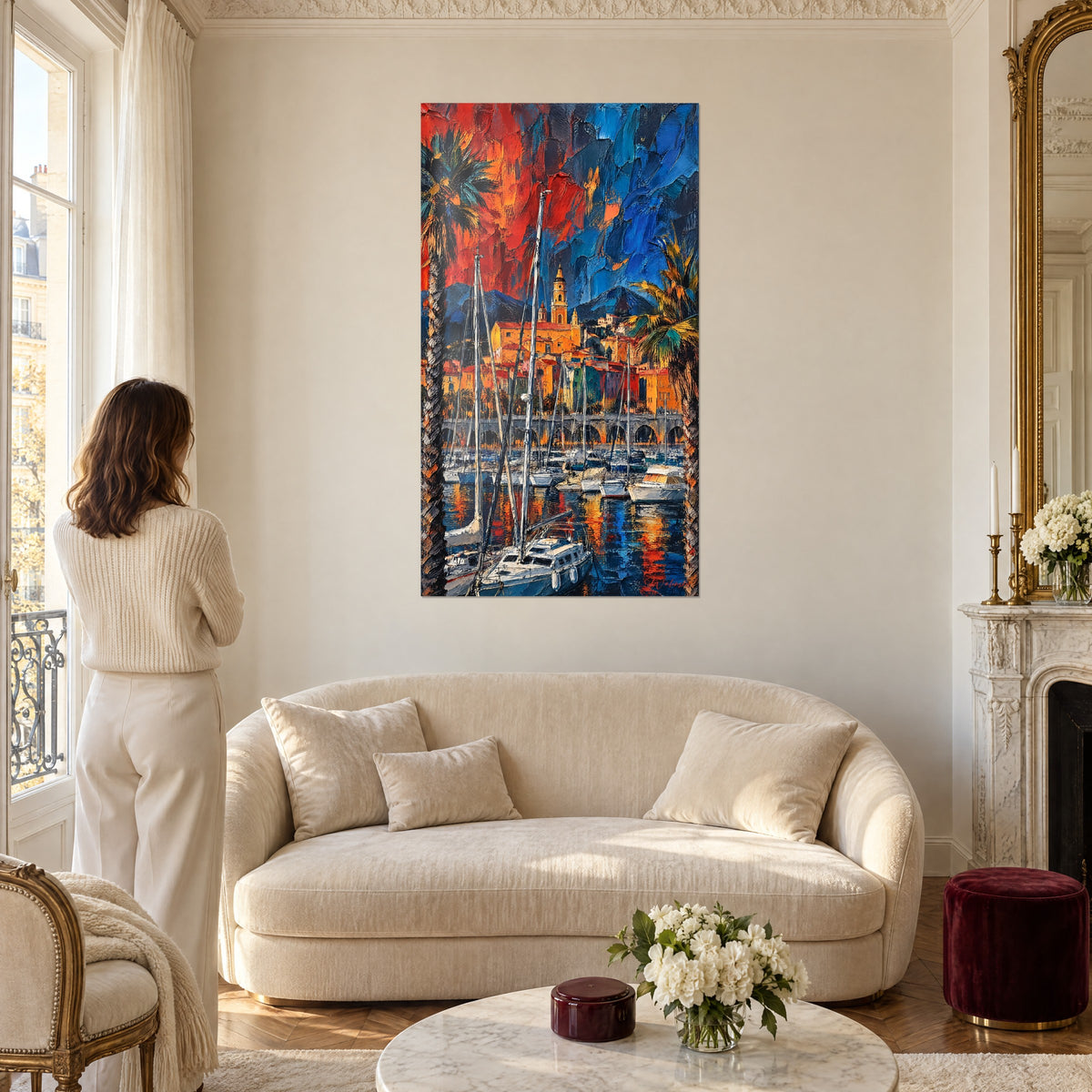 Gemälde Mittelmeerhafen mit weißen Masten, roter und dichtblauer Himmel, Frau von hinten, über einem Sofa in einem hellen Wohnzimmer