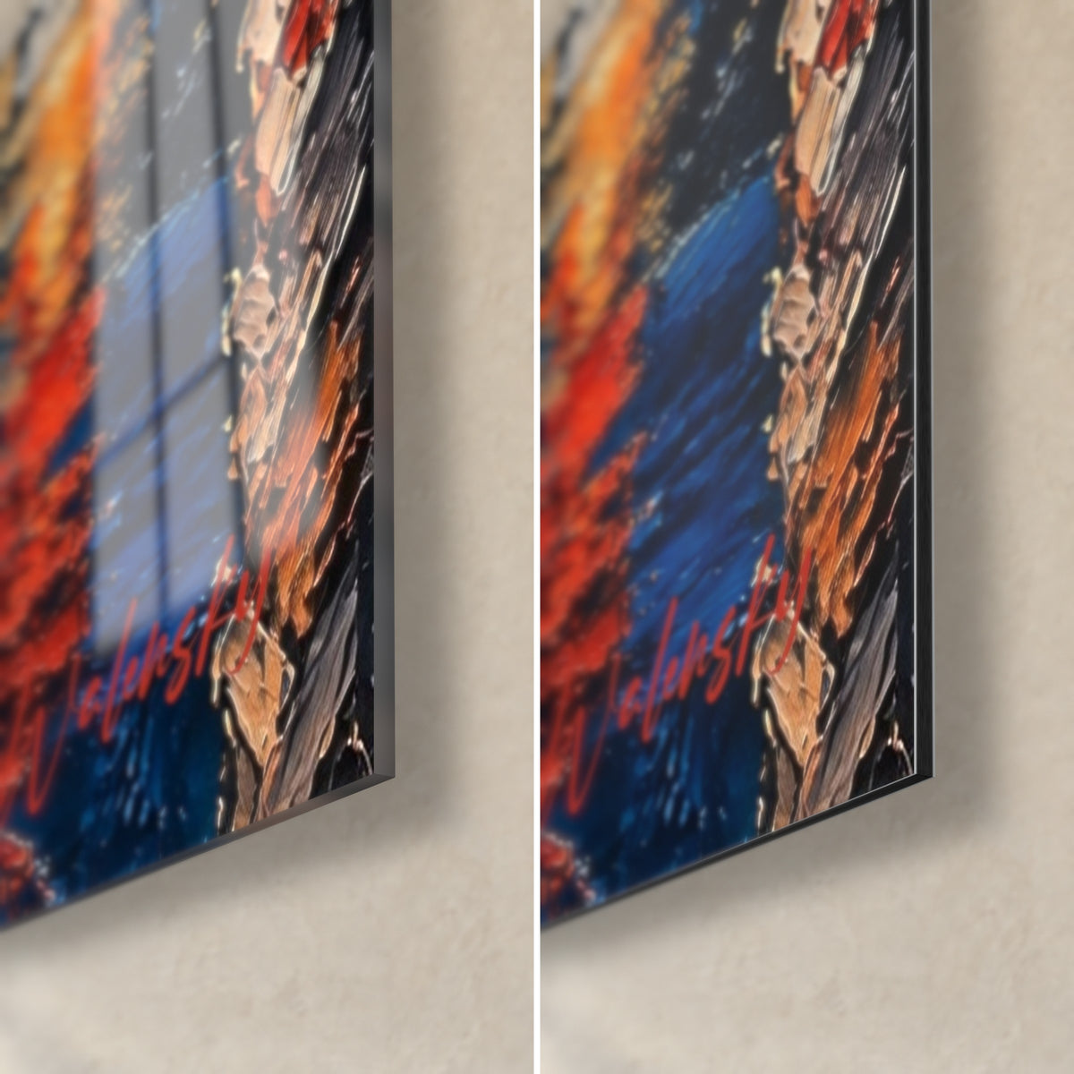 Gemälde Segelboote unter Palmen, untere rechte Ecke: orange und blaue Reflexe auf glänzendem Glas, mattschwarzes Alu-Dibond, 3 mm Kante