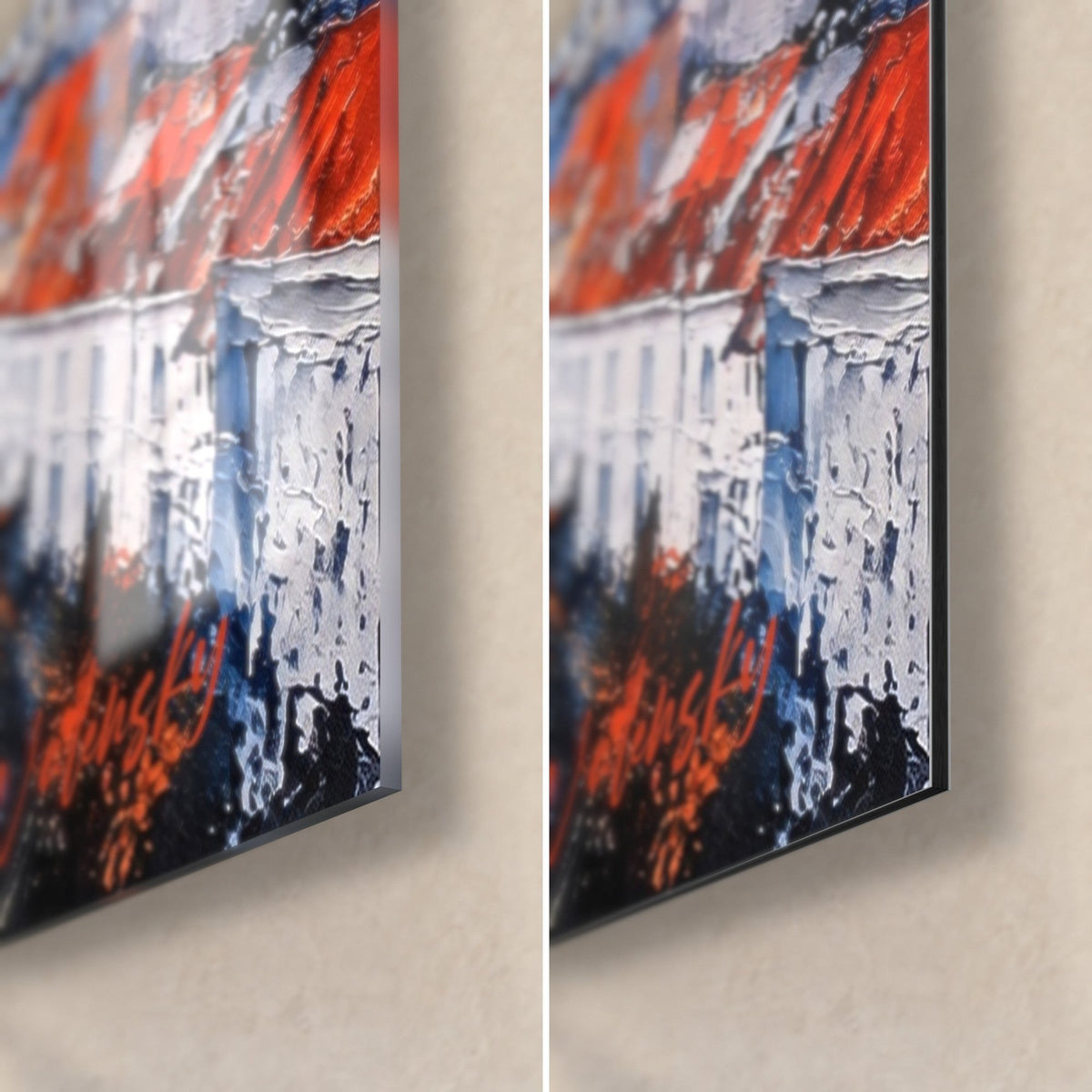 Tableau ville de bord de mer, toits orange et ciel bleu en pâte épaisse, coin bas droit en verre brillant et Dibond mat, tranche de 3 mm