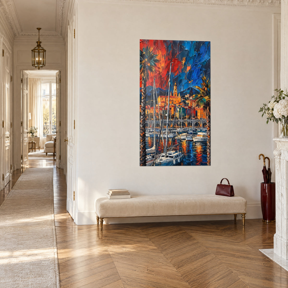 Wall art Ochre bell tower overlooking a bay of sailboats, orange and cobalt sky, three-quarter view in a Haussmann-style corridor