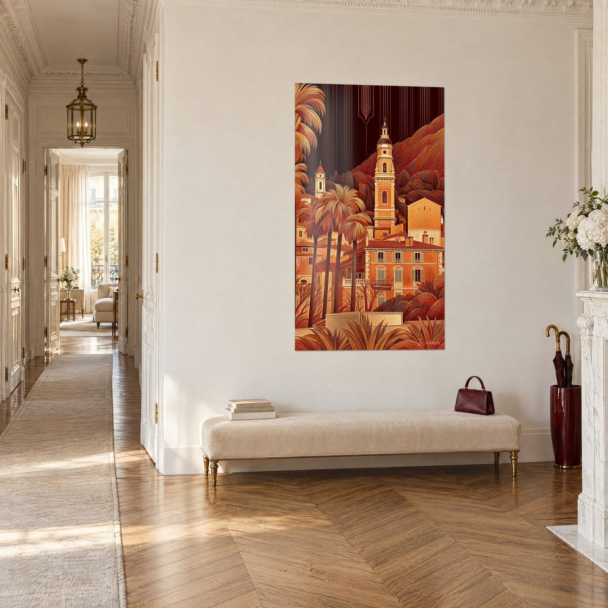 Tableau village méditerranéen orangé, clocher et toits de tuiles rouges sur colline pourpre, dans un couloir haussmannien