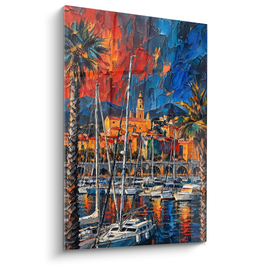 Gemälde Hafen von Menton mit orangefarbenen weißen Segelbooten - Abenddämmerung auf der Reede - Edition Menton Provence-Alpes-Côte d'Azur Frankreich