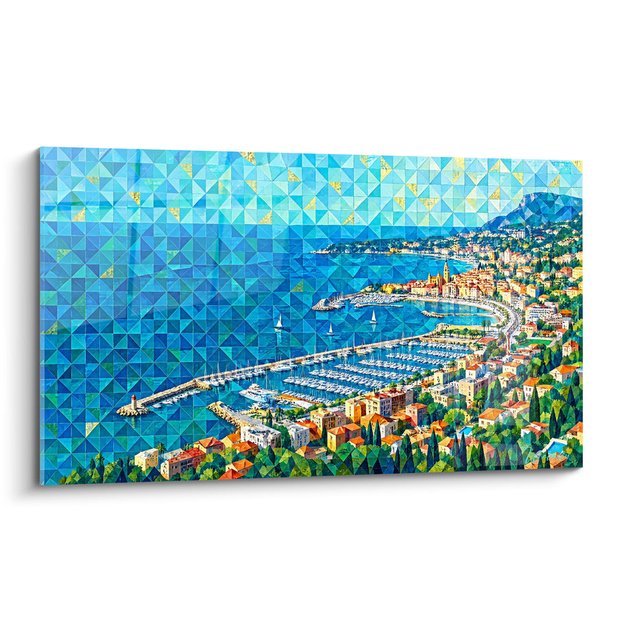 Tableau Port méditerranéen bleu et orangé en mosaïque - Échappée littorale - Edition Menton Provence-Alpes-Côte d'Azur France