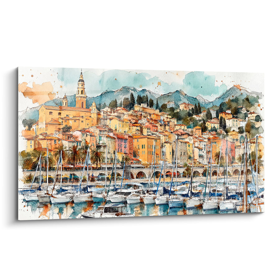 Tableau Port de Menton ocre et bleu turquoise - Escale méditerranéenne - Edition Menton Provence-Alpes-Côte d'Azur France