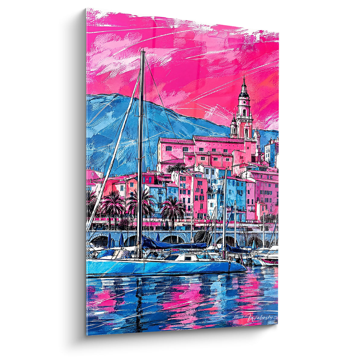 Tableau port de Menton peint en rose fuchsia et bleu turquoise, voiliers amarrés devant les façades colorées