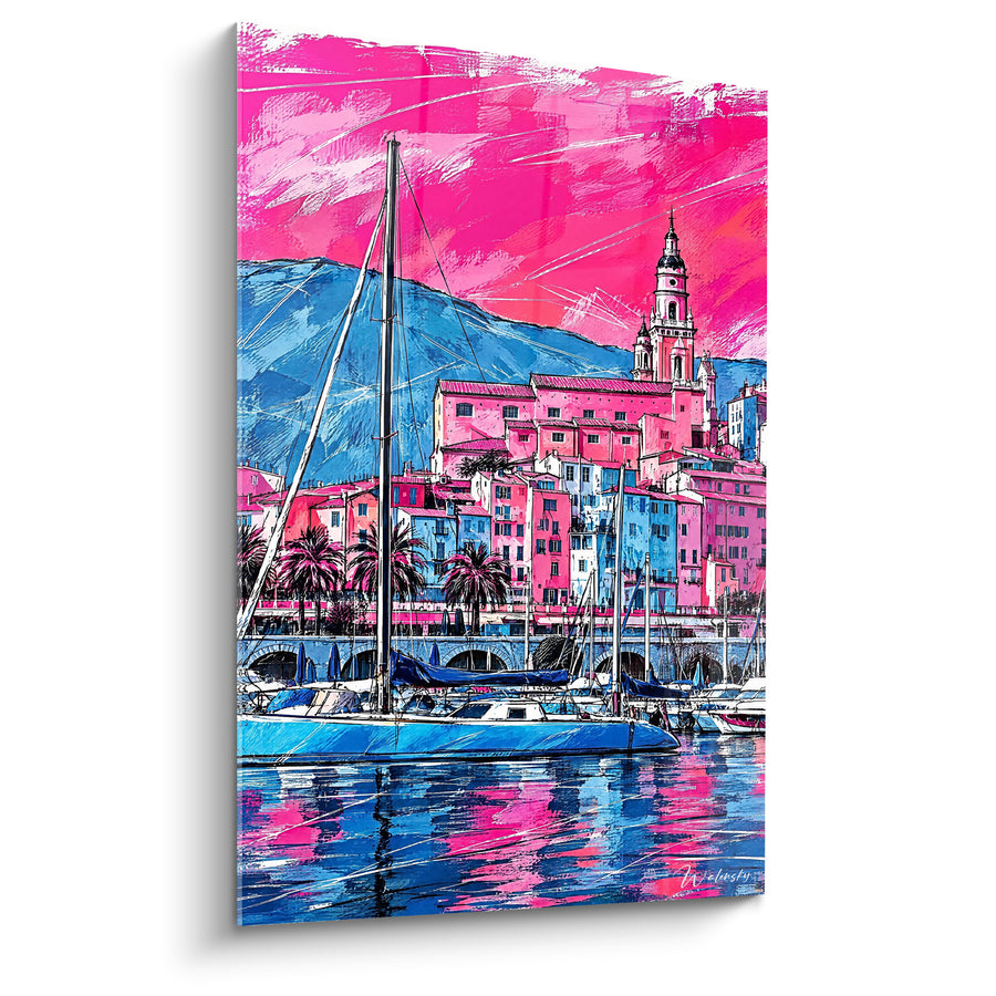 Tableau Port de Menton rose et bleu électrique - Soirée sur le port - Edition Menton Provence-Alpes-Côte d'Azur France