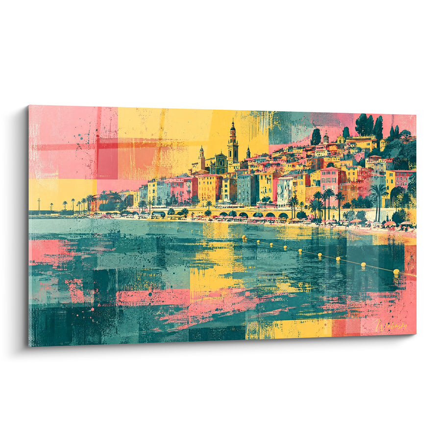Tableau Vieille ville jaune et rose en bord de mer - Rêverie littorale - Edition Menton Provence-Alpes-Côte d'Azur France