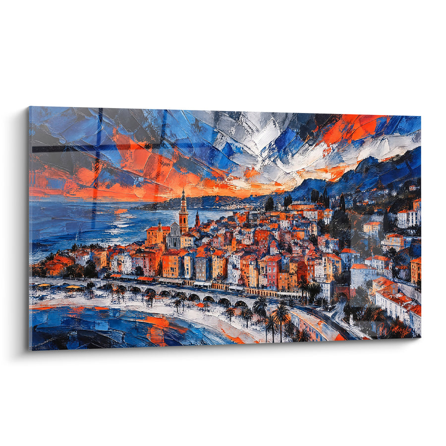 Tableau Village côtier bleu et orange au clocher - Crépuscule sur la baie - Edition Menton Provence-Alpes-Côte d'Azur France